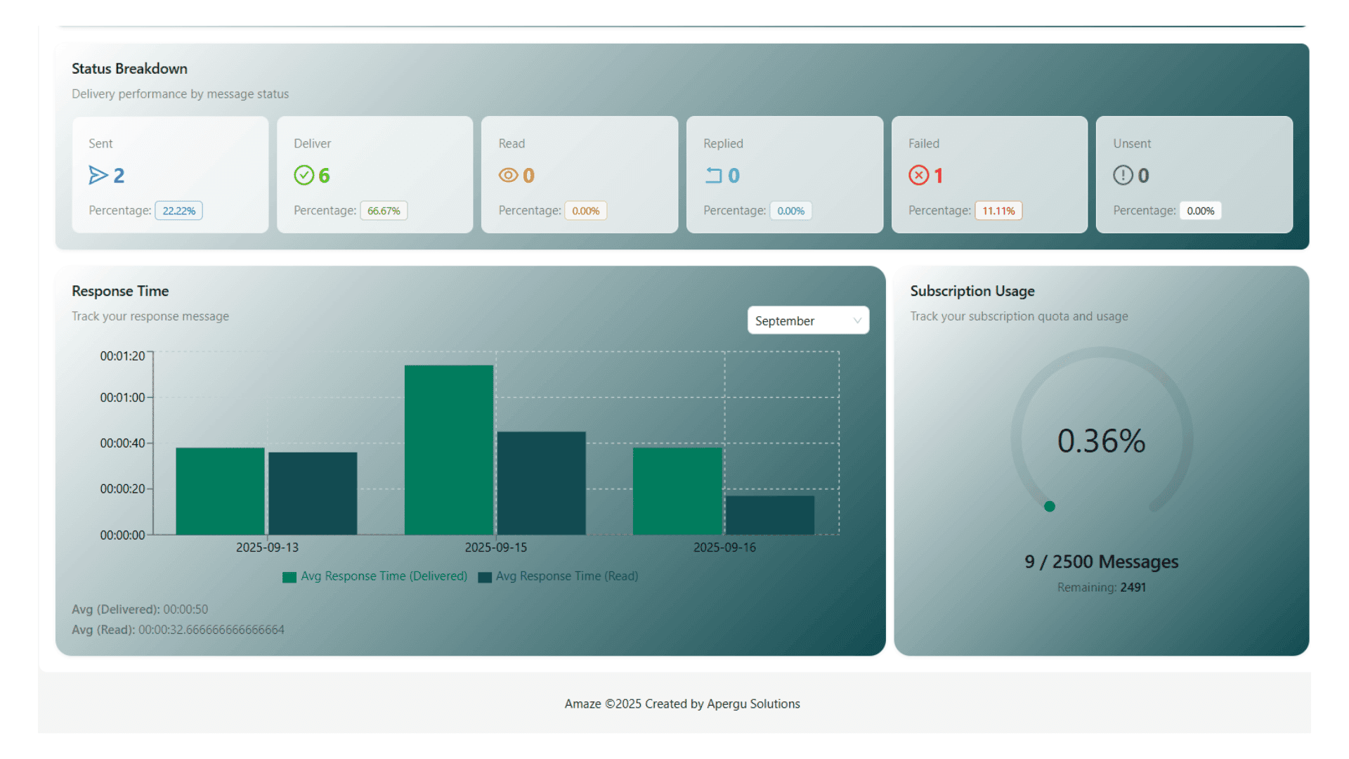 Amaze Blasting dashboard: response time and subscription usage